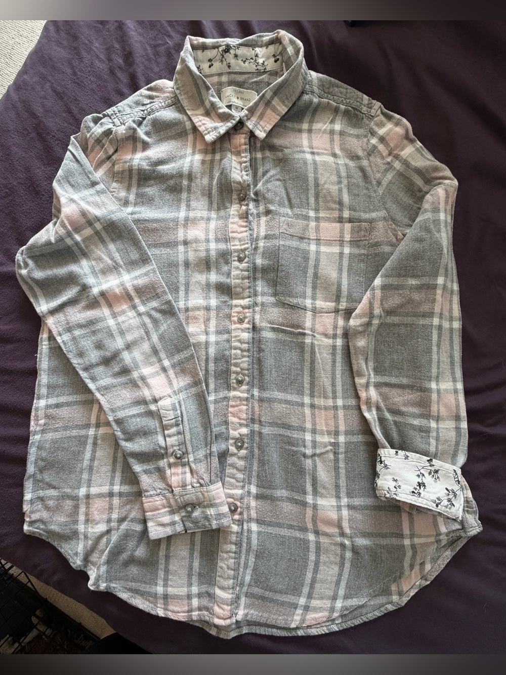 Lucky Brand Women’s Gray & Pink Plaid Button-Down Shirt- Size Medium